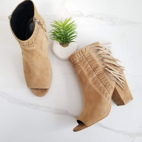 Rebecca Minkoff Shoes - REBECCA MINKOFF Women's Iris Open Toe Fringe Ankle Booties Tan Suede Heels Shoes